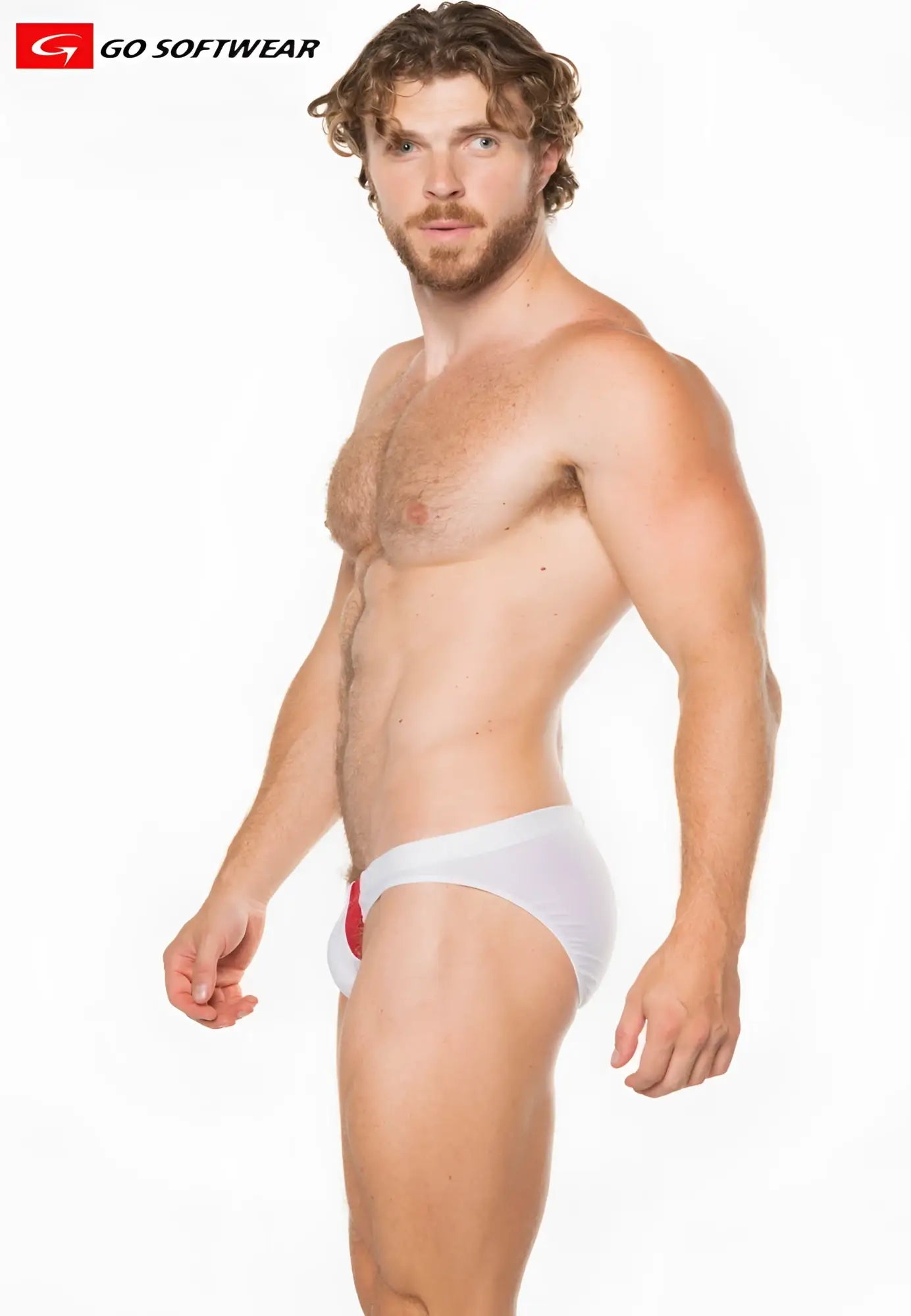 White briefs bikini swim with red side accent from Apollo Buns collection designed for comfortable swimwear use