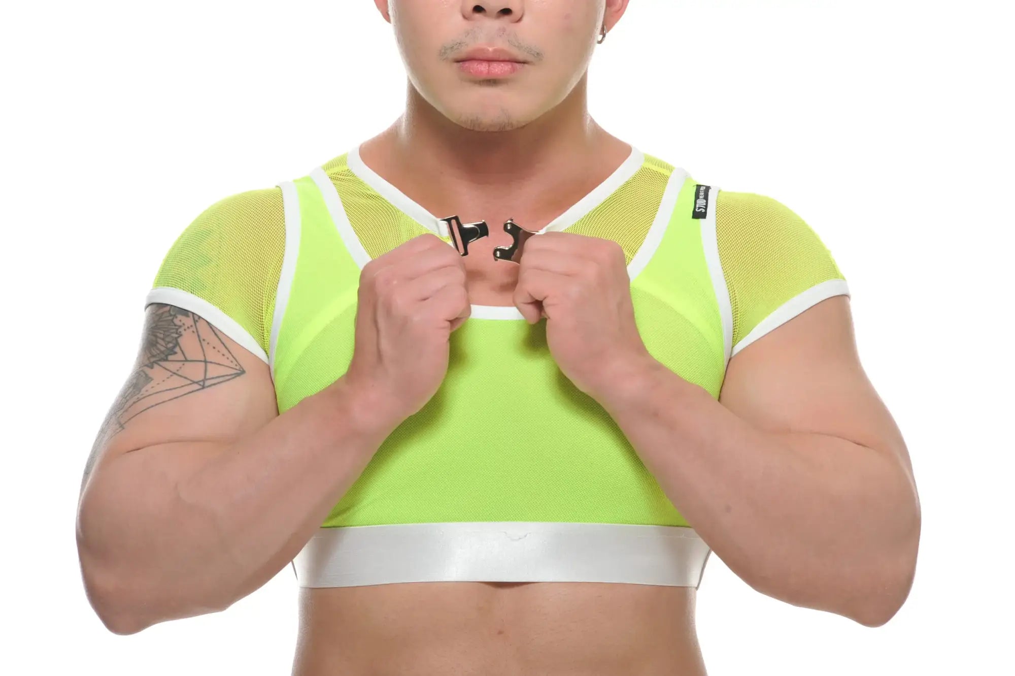 Ari crop top neon green mesh crop top with white trim and silver waistband for stylish casual wear