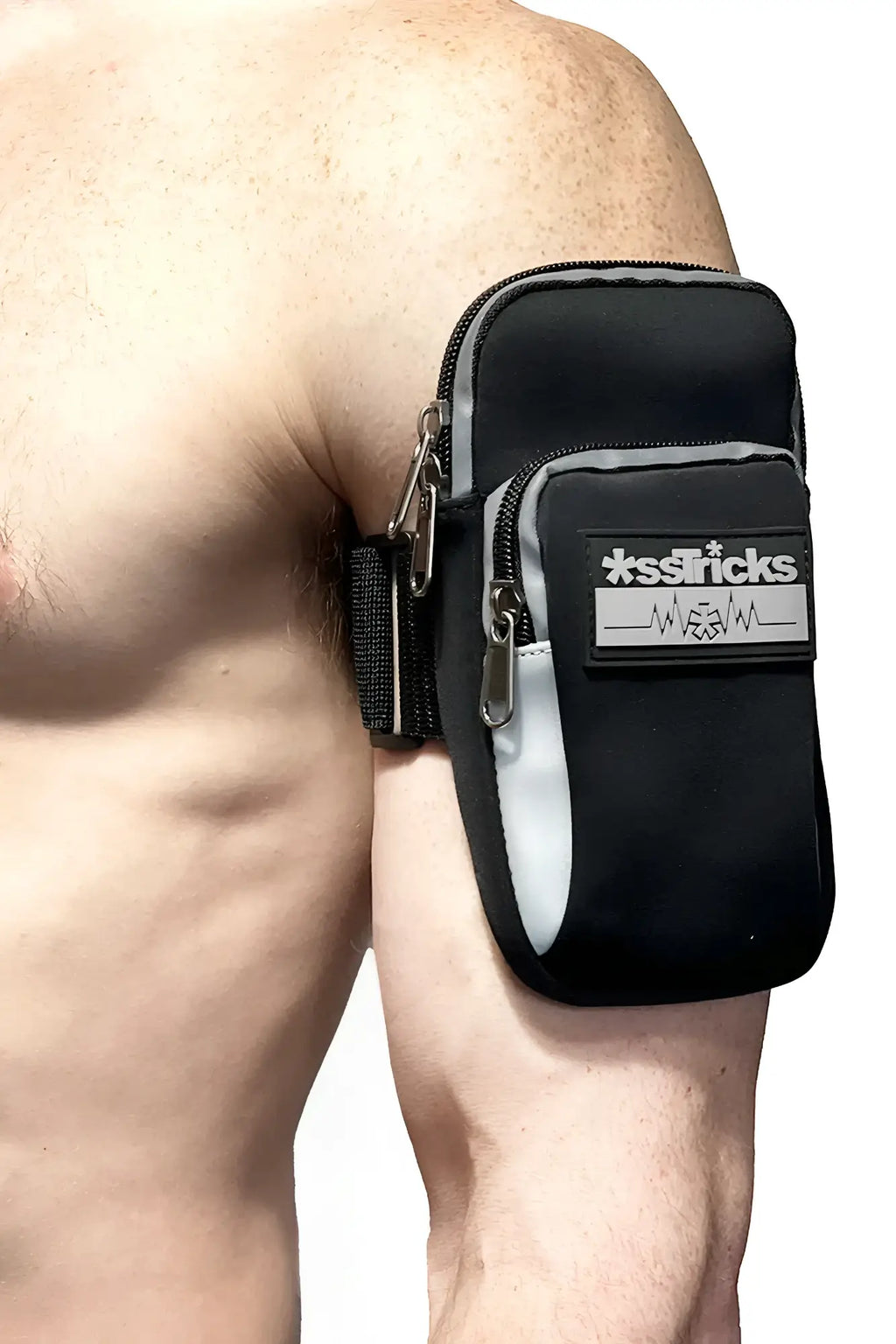 Black and gray sstricks arm bag with zippered compartments and a reflective stripe for secure storage on the arm