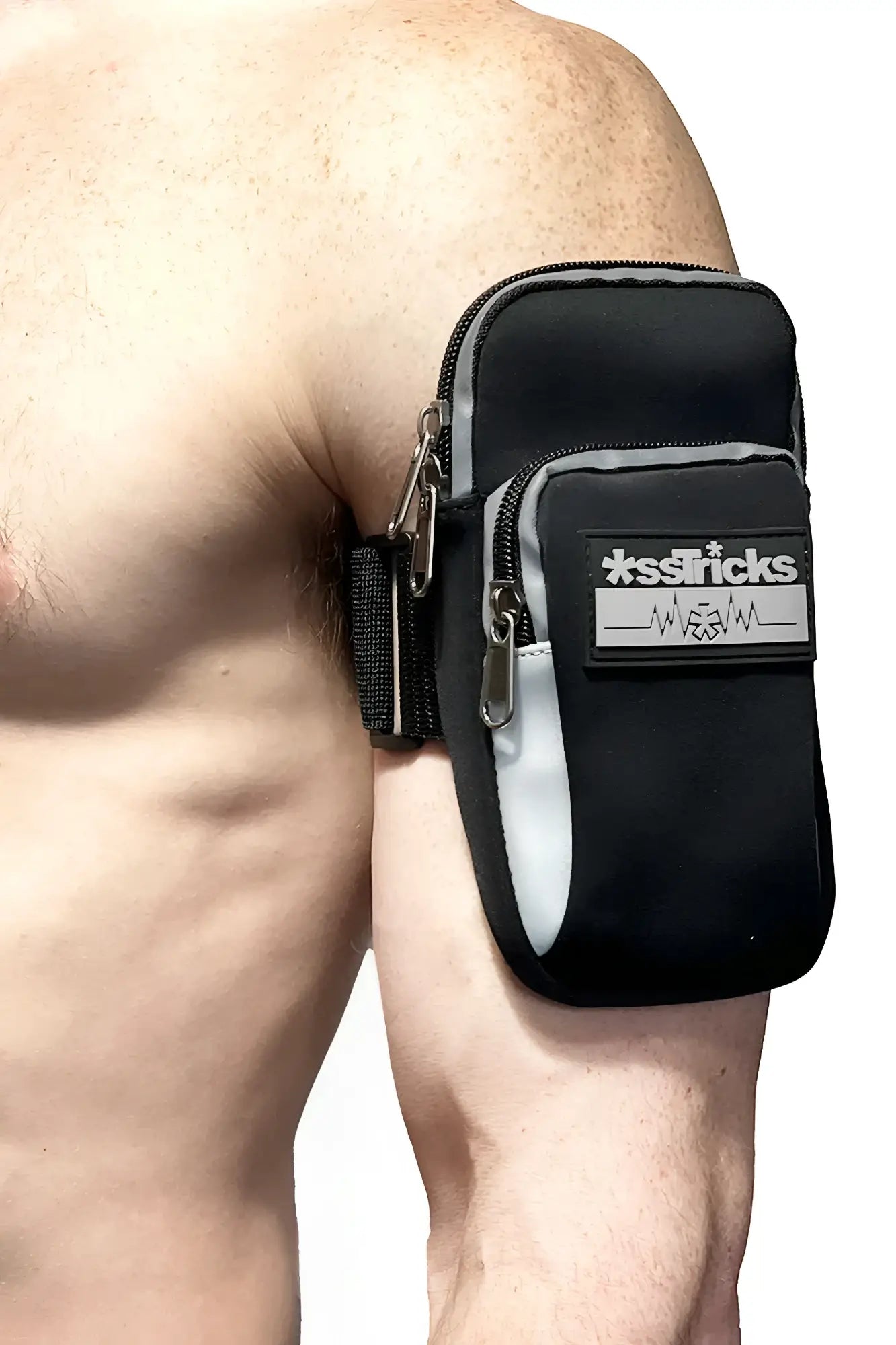 Black and gray sstricks arm bag with zippered compartments and a reflective stripe for secure storage on the arm