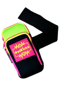 Neon green and black arm bag wristband with pink zipper accents and bold xstricks logo patch in durable fabric