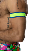 Set of 2 neon green and blue reflective armbands designed for safety and visibility during outdoor activities