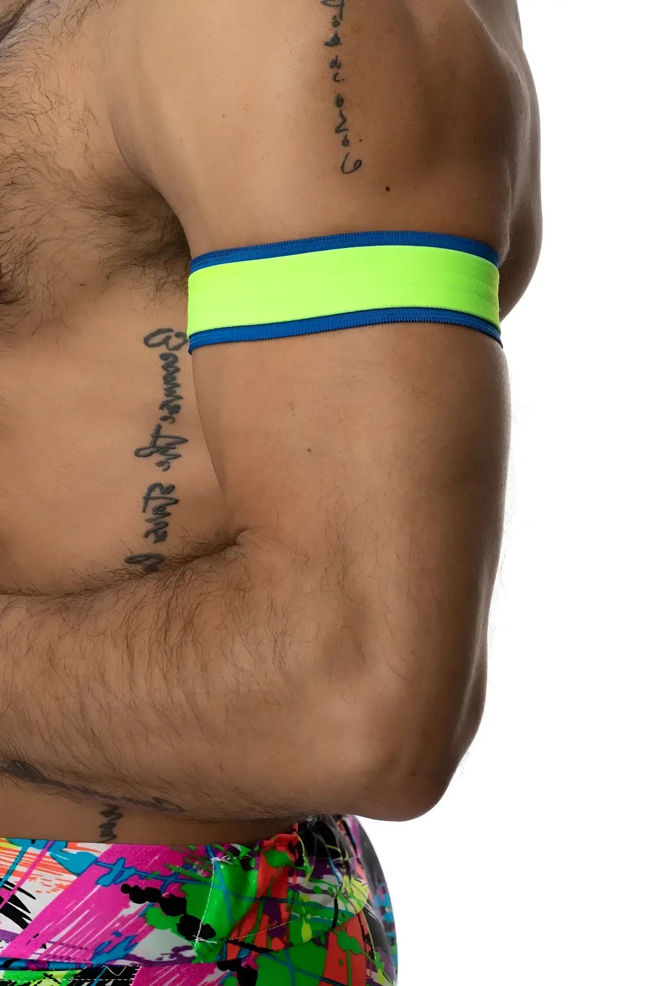 Set of 2 neon green and blue reflective armbands designed for safety and visibility during outdoor activities