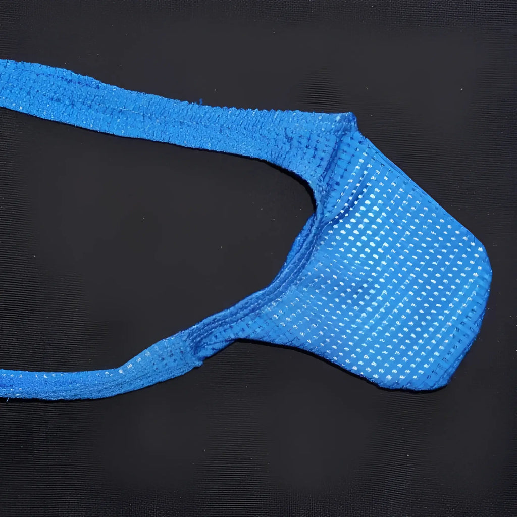 Arroyman bulge mesh thong underwear blue bud size m with bright blue textured perforated fabric and elastic straps