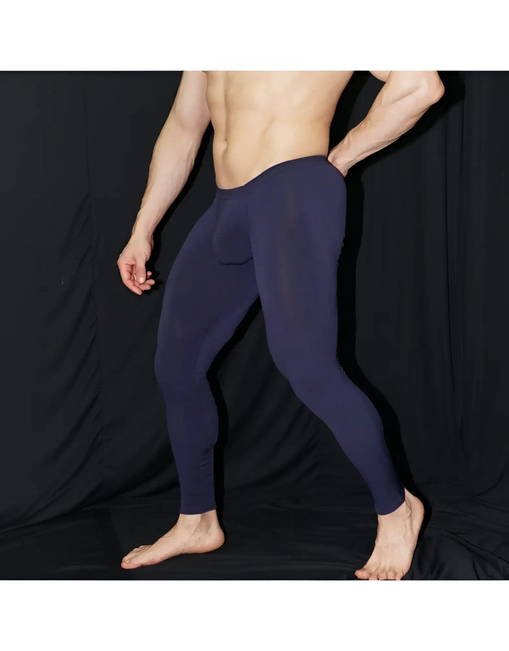 Navy blue form-fitting arroyman bulge runner leggings designed for running and active wear rnr006s model