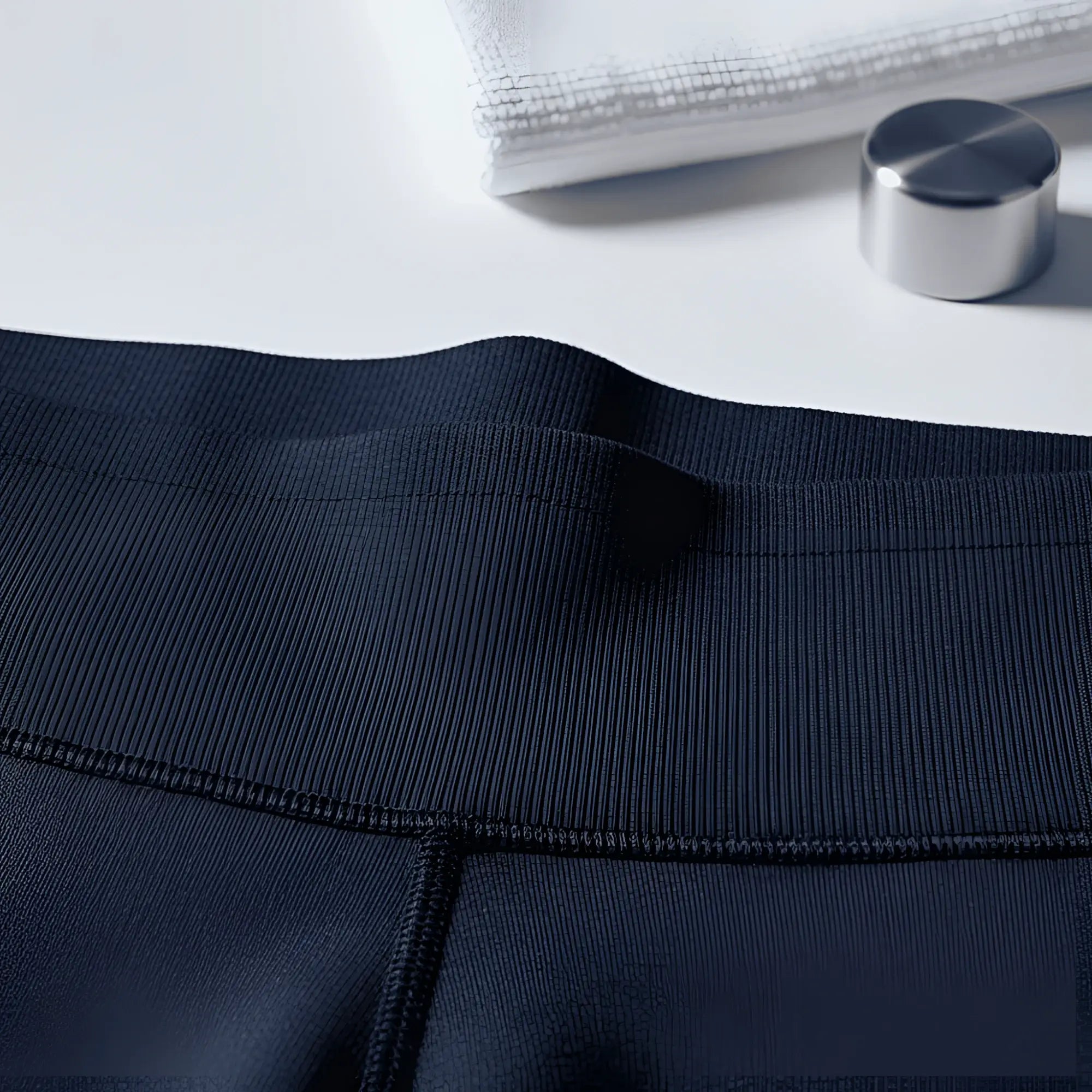 Navy blue ribbed elastic waistband on arroyman bulge runner tights designed for athletic performance and comfort