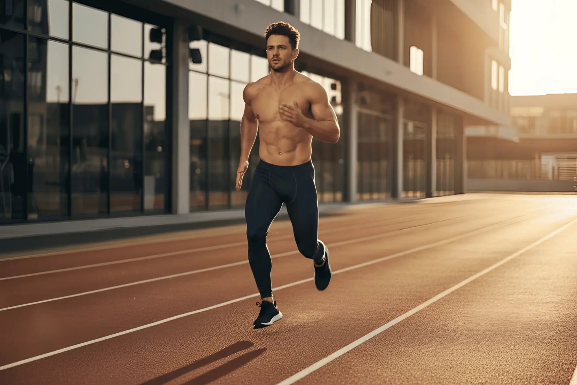 A muscular man runs mid-stride wearing navy arroyman bulge runner tights with black running shoes on an outdoor track