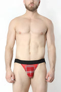 Red plaid briefs with a black waistband designed as the aspen jockstrap for comfortable support