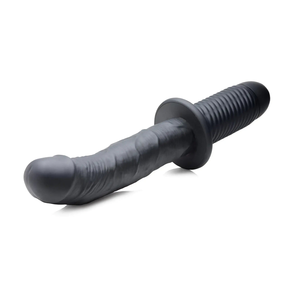 Ass Thumpers 10X realistic black silicone vibrator, featuring a textured shaft, flared base, and ribbed handle.