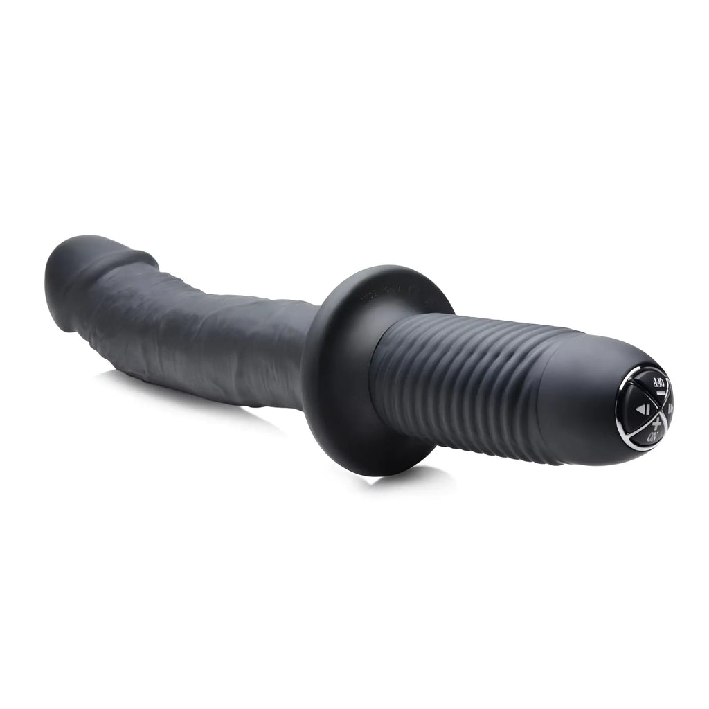 Ass Thumpers 10X realistic black silicone vibrator with a textured shaft, flared base, and ribbed handle with controls.