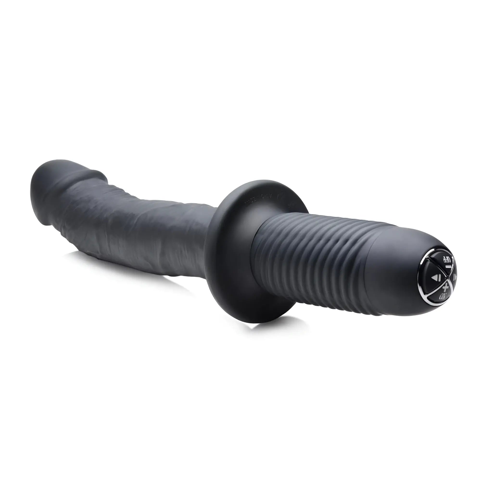 Ass Thumpers 10X realistic black silicone vibrator with a textured shaft, flared base, and ribbed handle with controls.
