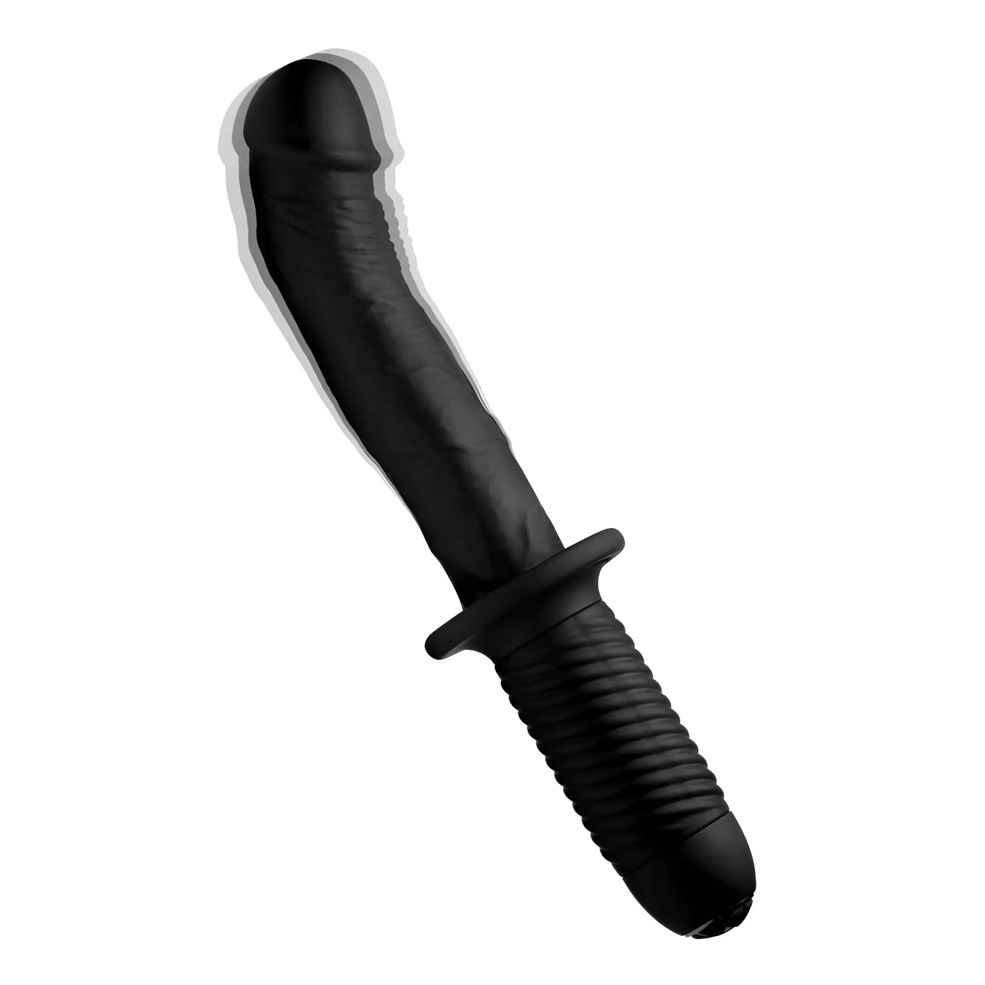 Ass Thumpers 10X silicone vibrator: A black, realistic-textured dildo featuring a curved shaft and a grooved handle.