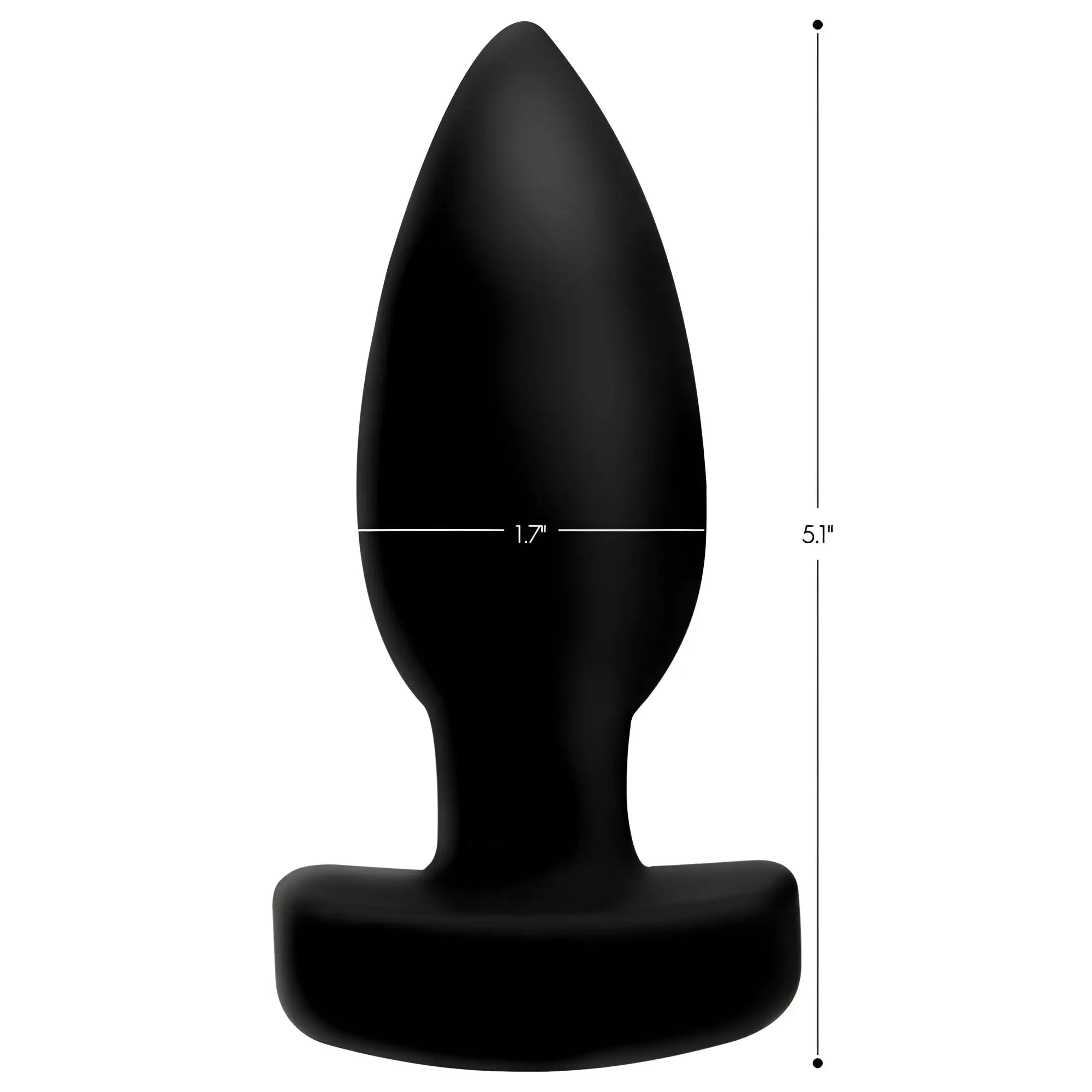 Ass Thumpers The Taper black silicone vibrating butt plug with dimension labels indicating 1.7-inch width and 5.1-inch length.