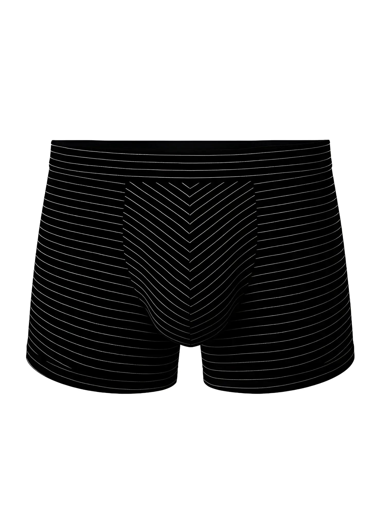 Black cotton boxer briefs with fine white vertical stripes and a chevron front panel from assorted trunk pack