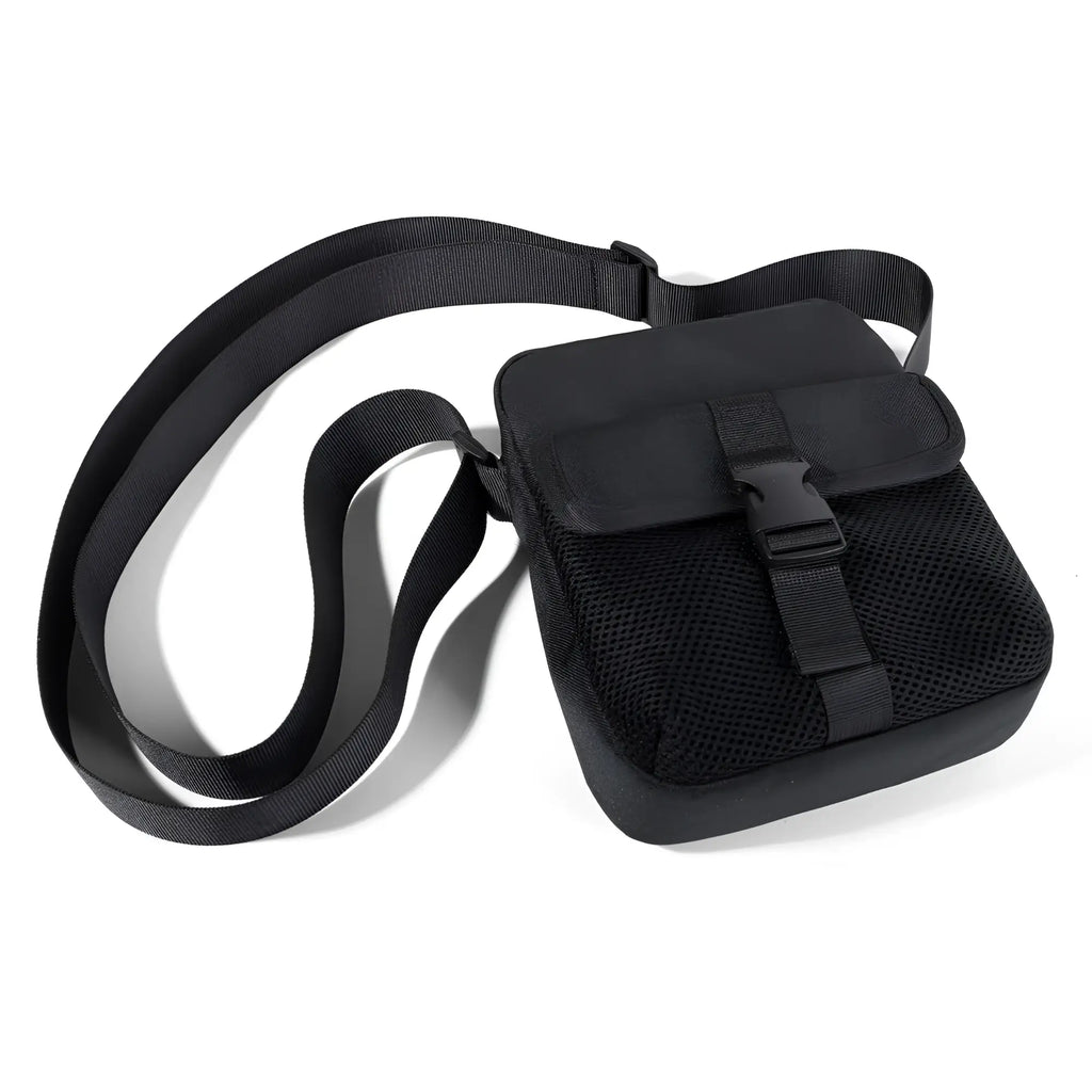 Black athletic crossbody bag with mesh body, durable nylon strap, and front flap secured by a plastic buckle