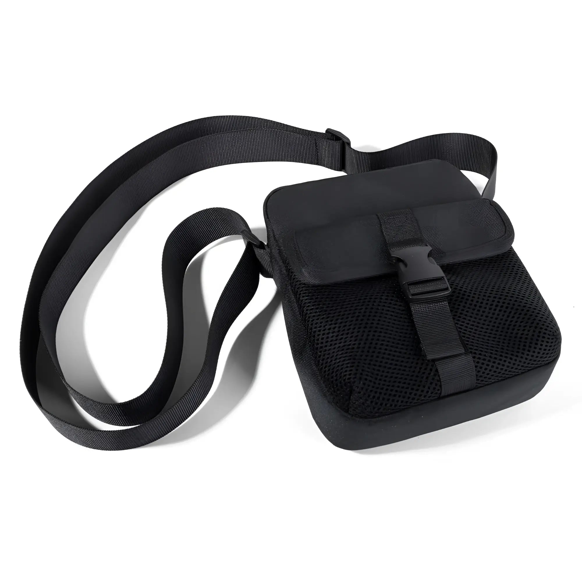 Black athletic crossbody bag with mesh body, durable nylon strap, and front flap secured by a plastic buckle