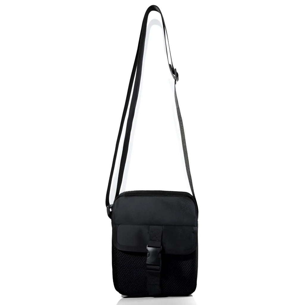 Black athletic crossbody bag with mesh panel and adjustable strap for versatile hands-free use