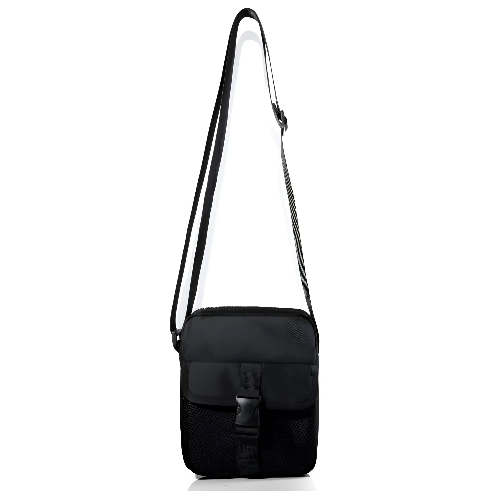 Black athletic crossbody bag with mesh panel and adjustable strap for versatile hands-free use