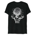 Black heathered t shirt featuring a white line art muscular figure holding a disco ball from atlas boogie collection