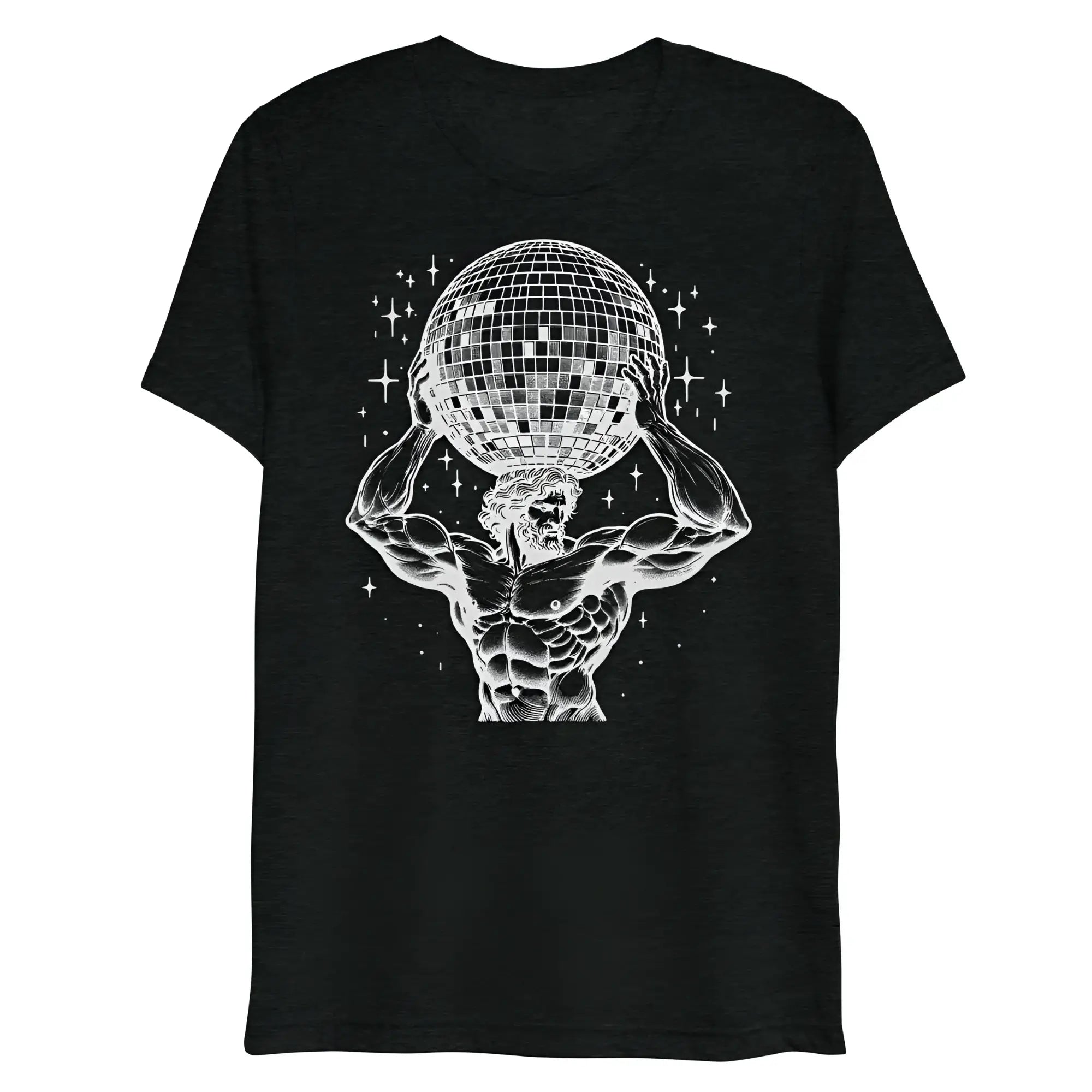 Black heathered t shirt featuring a white line art muscular figure holding a disco ball from atlas boogie collection