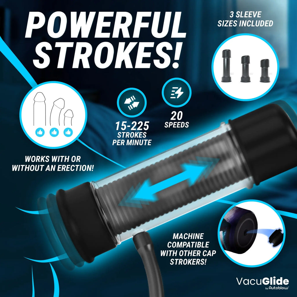 Autoblow VacuGlide 2 milking machine with black accents, clear sleeve, and infographic detailing features and 3 sizes.
