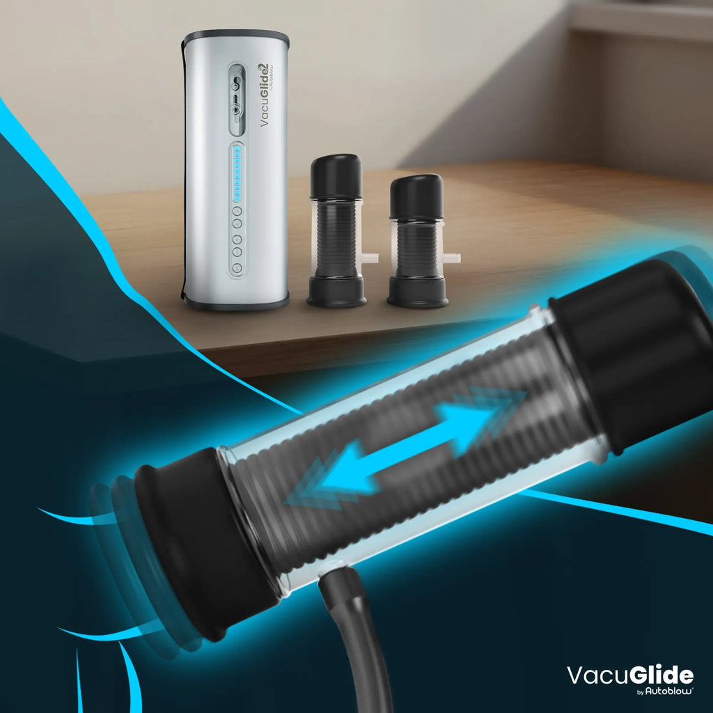 Autoblow VacuGlide 2 silver device with two black modular attachments and a motion-highlighted internal suction sleeve.
