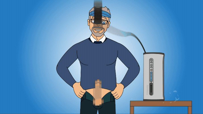 Cartoon illustration of a man using an Autoblow device, connected via a tube, on a blue gradient background.