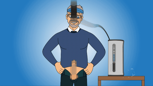 Cartoon illustration of a man using an Autoblow device, connected via a tube, on a blue gradient background.