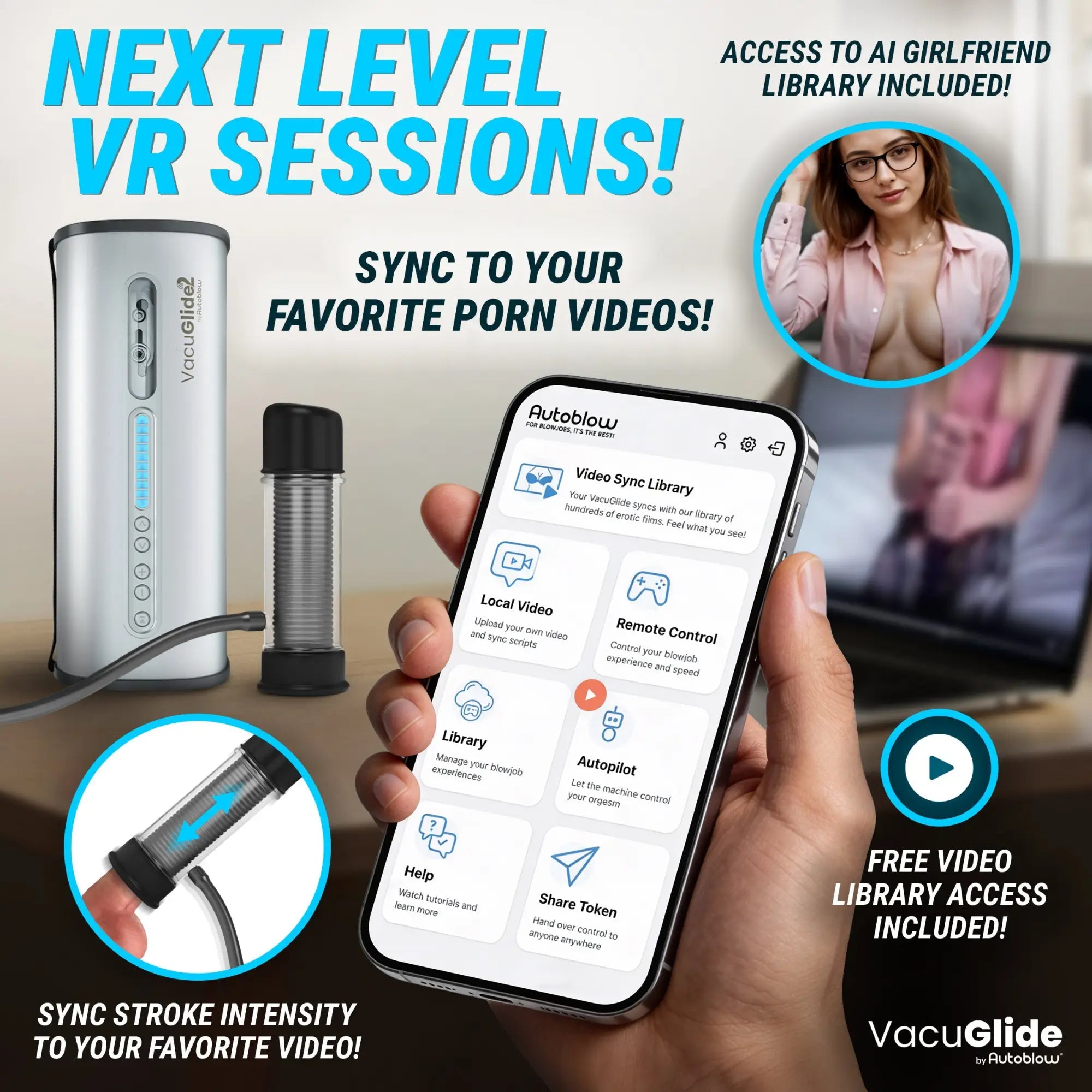Autoblow VacuGlide 2 silver masturbation machine with smartphone app control, featuring video syncing and AI features.