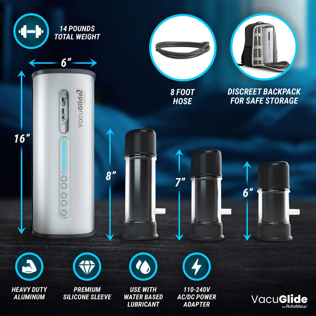 Autoblow VacuGlide 2: Silver control unit with three varying-sized black silicone sleeves, hose, and storage backpack.