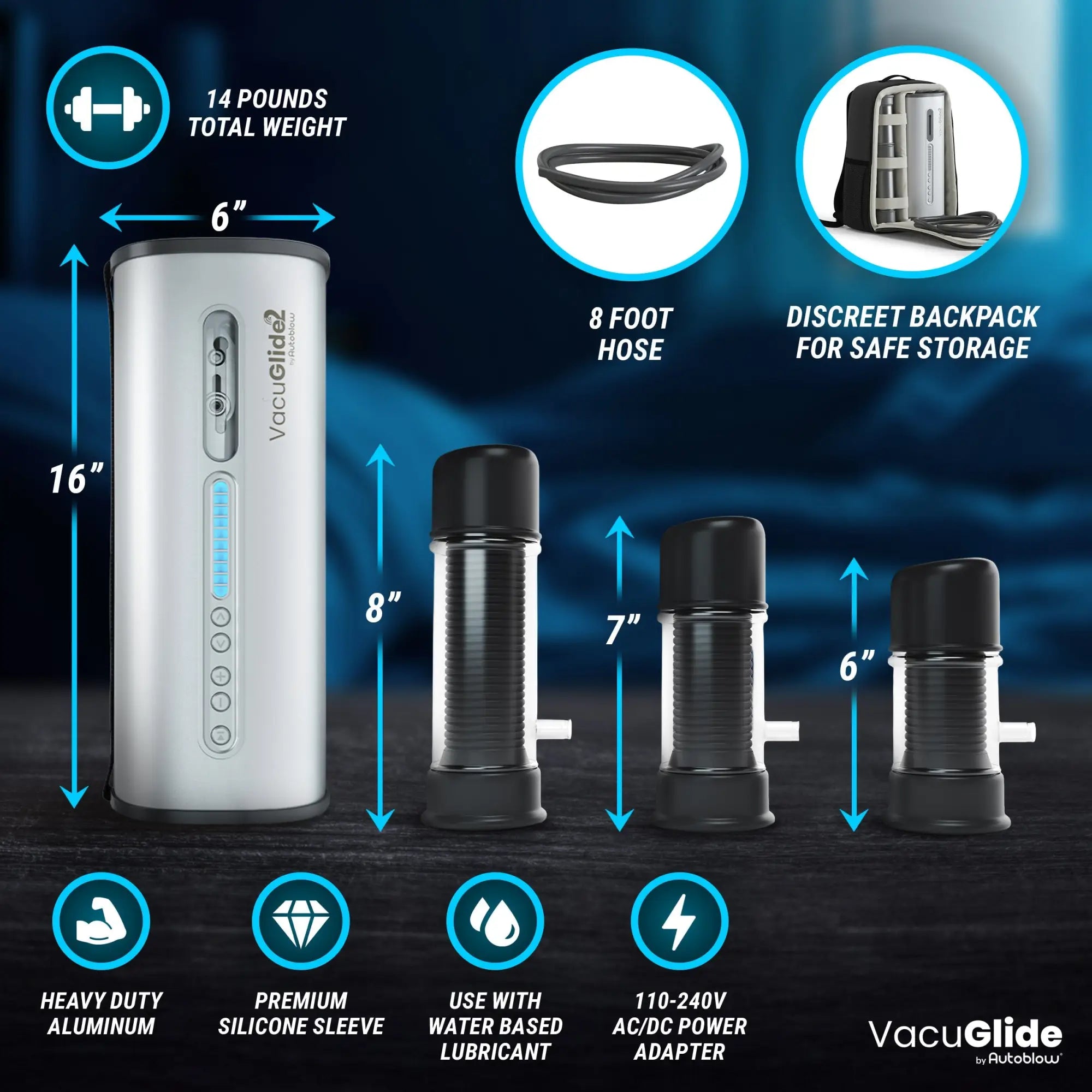 Autoblow VacuGlide 2: Silver control unit with three varying-sized black silicone sleeves, hose, and storage backpack.