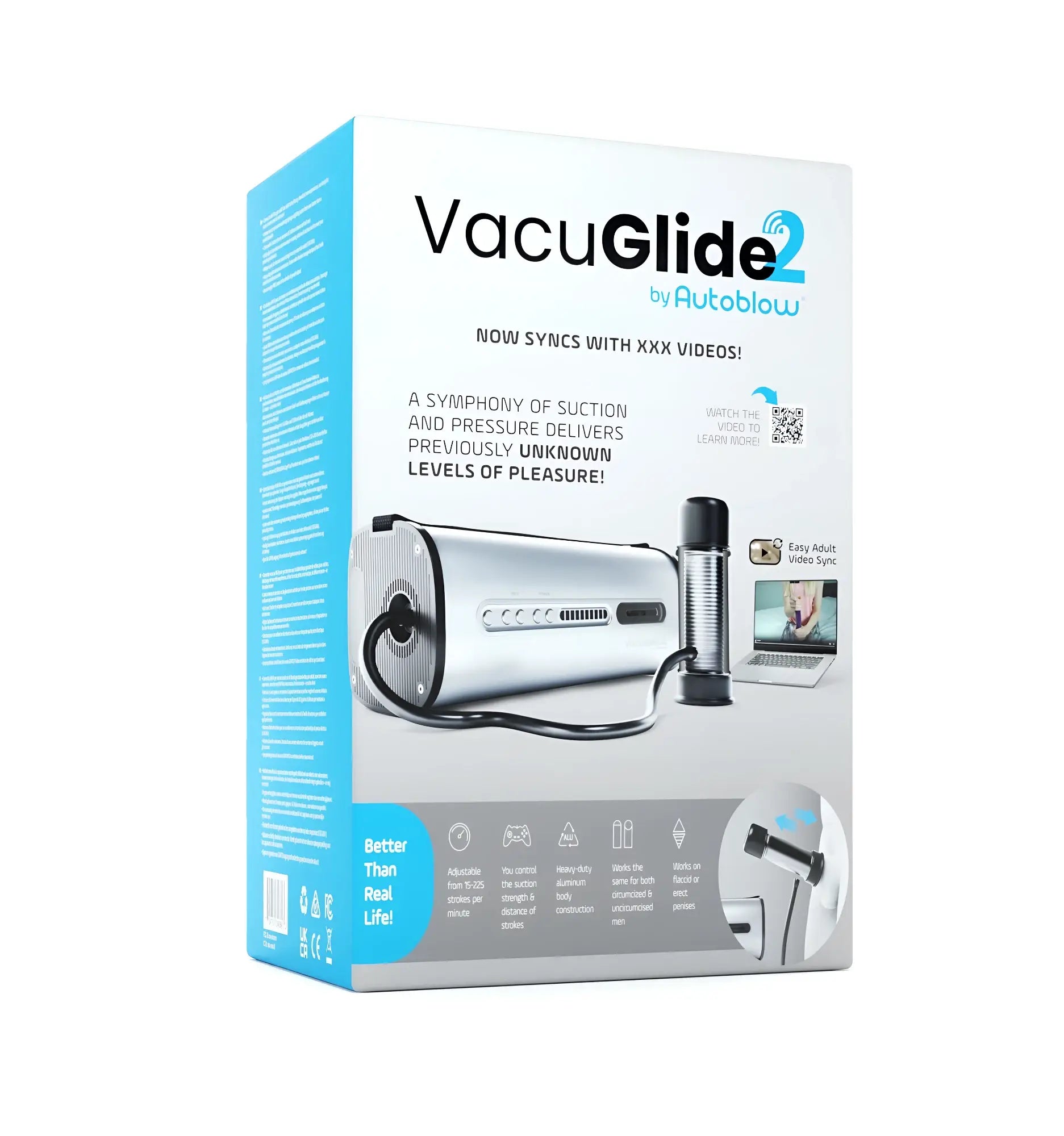 Autoblow VacuGlide 2 box showing the silver, cylindrical device with a black tube and attachment on a white background.