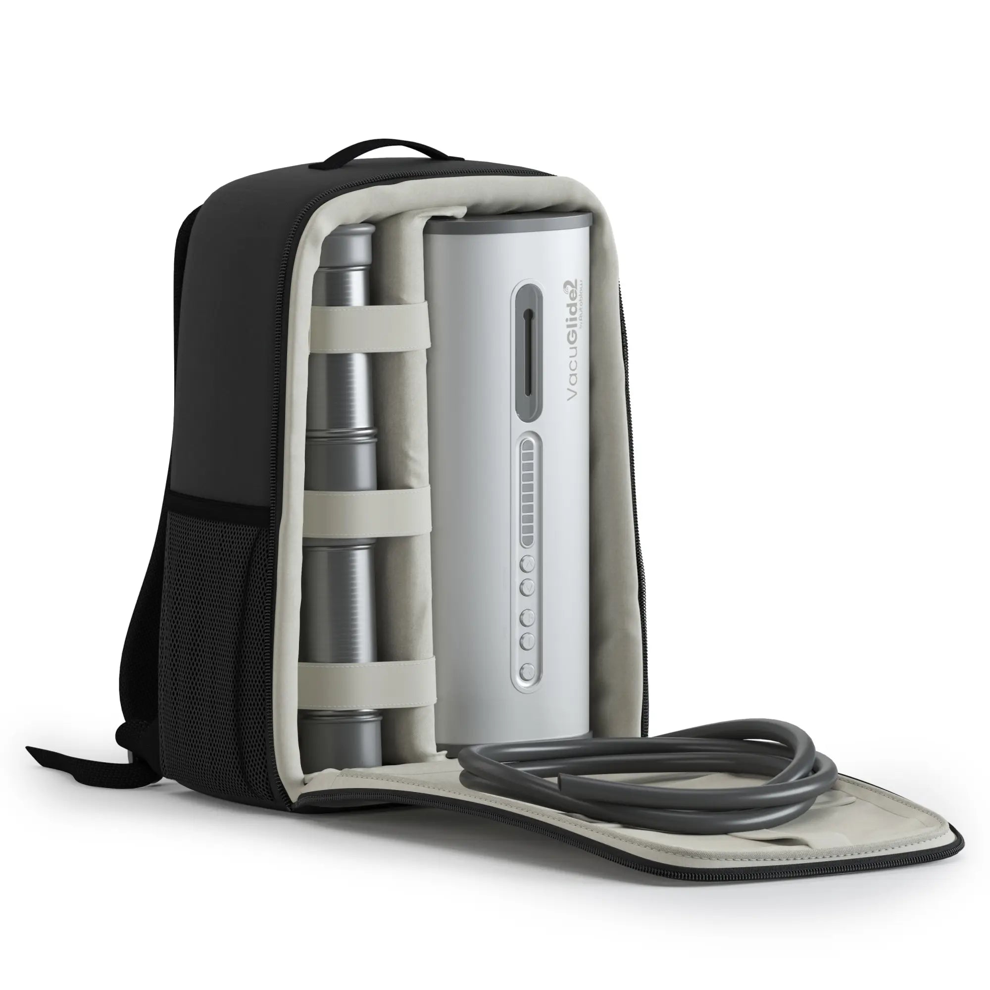Autoblow VacuGlide 2 milking machine in a black storage backpack with internal organizers and accessories.