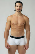 White adam smith briefs with a black waistband featuring the brand name in white lettering from b-shorts