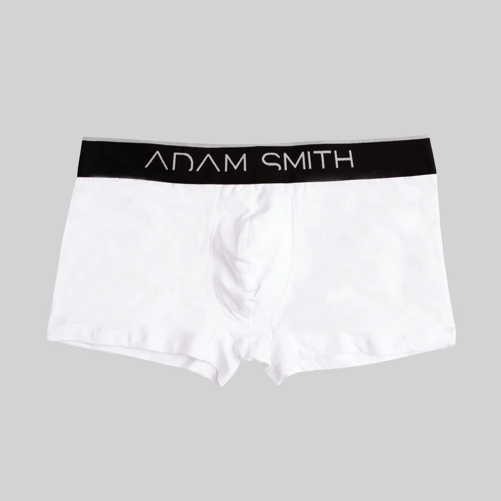 White adam smith boxer briefs with black waistband branded b shorts combining comfort and style