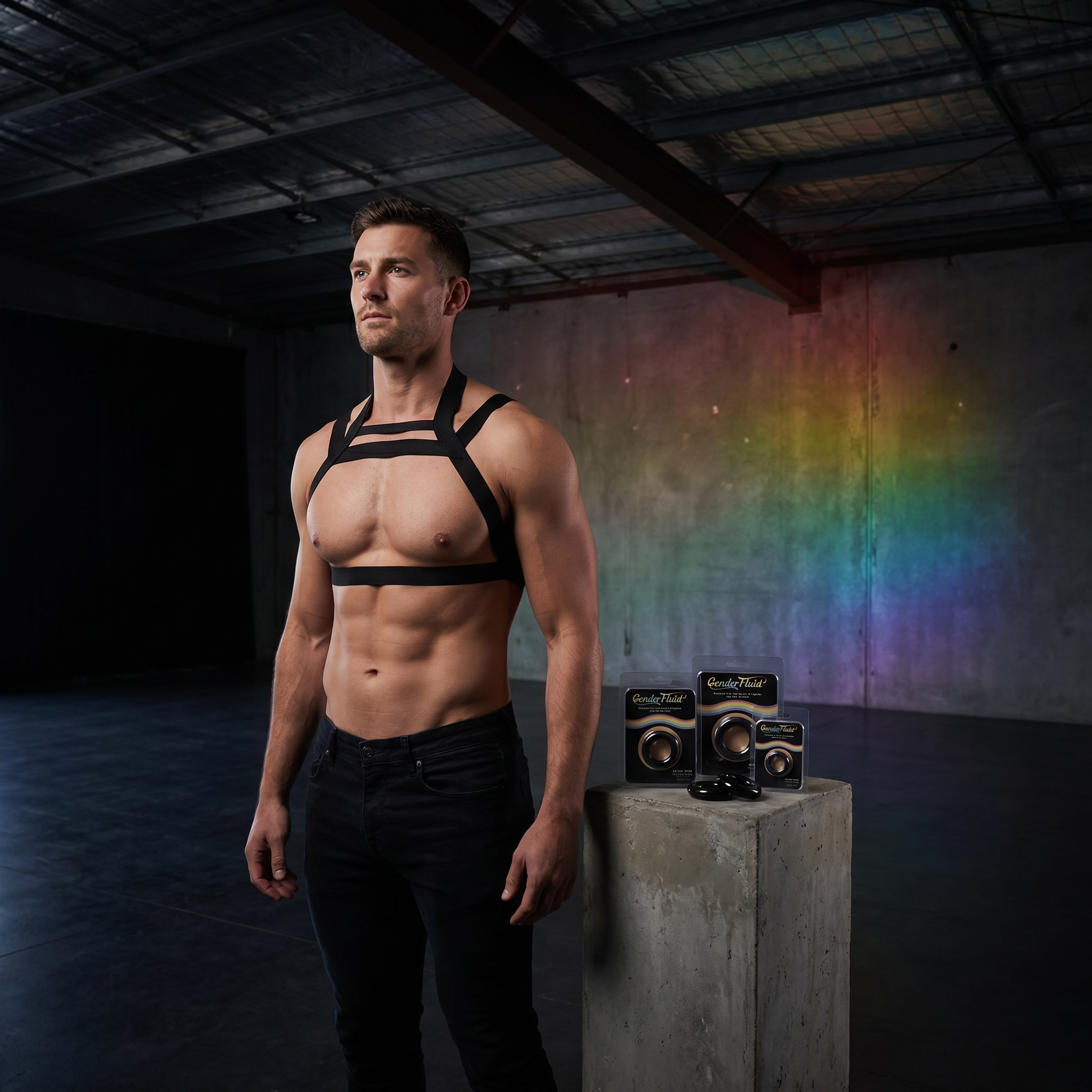 Gender Fluid lifestyle banner — cage harness and products in dark studio with pride rainbow accent lighting