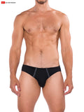 Black briefs with gray side panels in a sleek modern design from go softwear billed b2e brief for comfortable wear