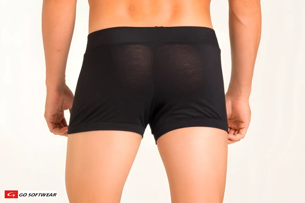 Black breathable mesh boxer briefs with solid waistband b2e noir shorty shown from the back side