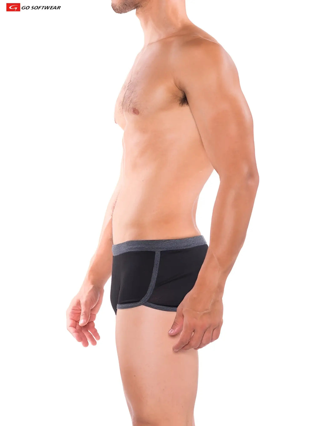 Black B2E Retro Short briefs with a sleek modern design featuring a contrasting gray waistband and side seams
