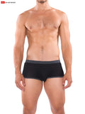 Black briefs with contrasting gray waistband and trim featuring a sleek modern design from go softwear b2e retro short