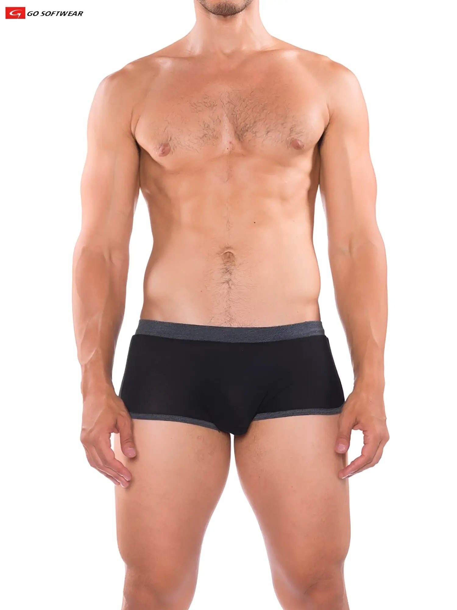 Black briefs with contrasting gray waistband and trim featuring a sleek modern design from go softwear b2e retro short