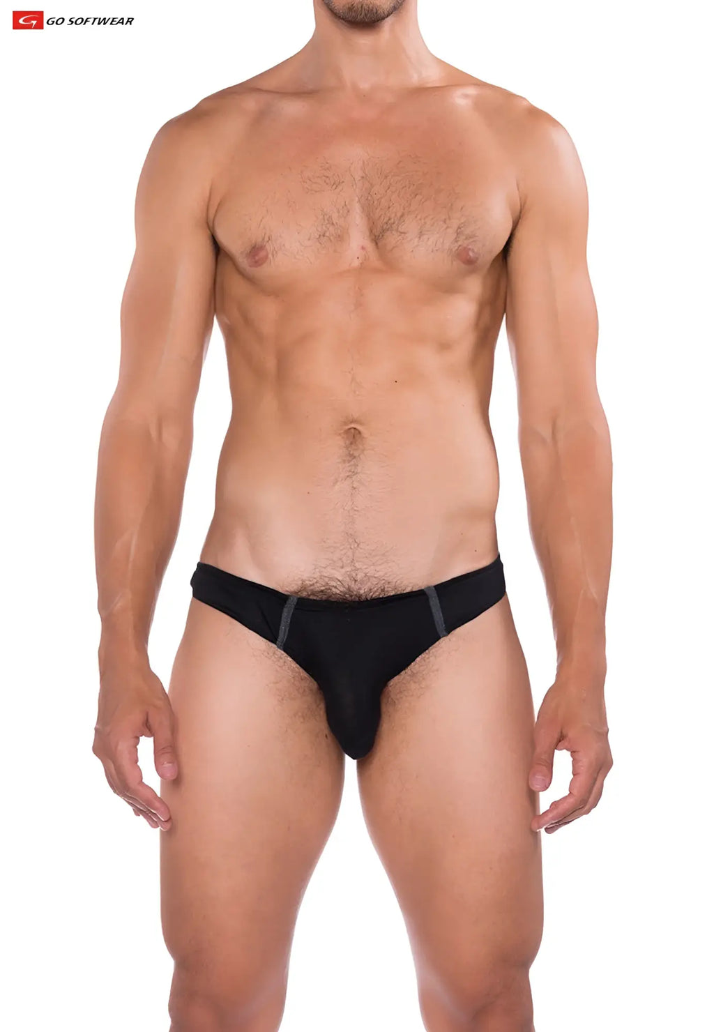 Black briefs with gray trim and sleek form-fitting design from go softwear in the b2e thong style