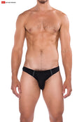 Black briefs with gray trim and sleek form-fitting design from go softwear in the b2e thong style