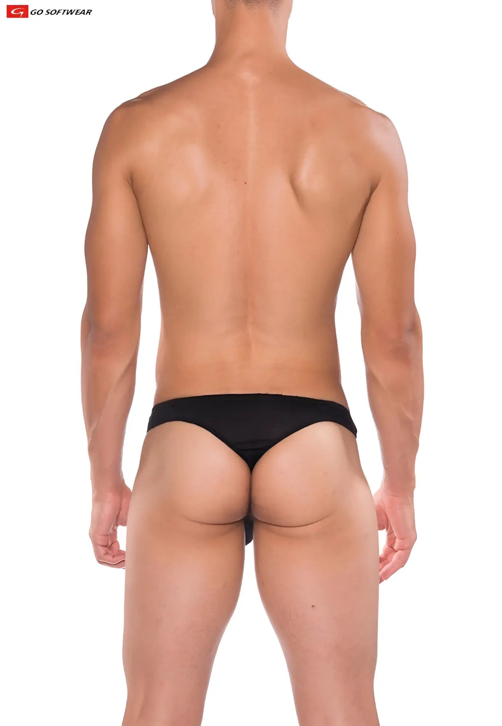 Black b2e thong made of smooth fabric featuring a form-fitting design showing the back side of the briefs
