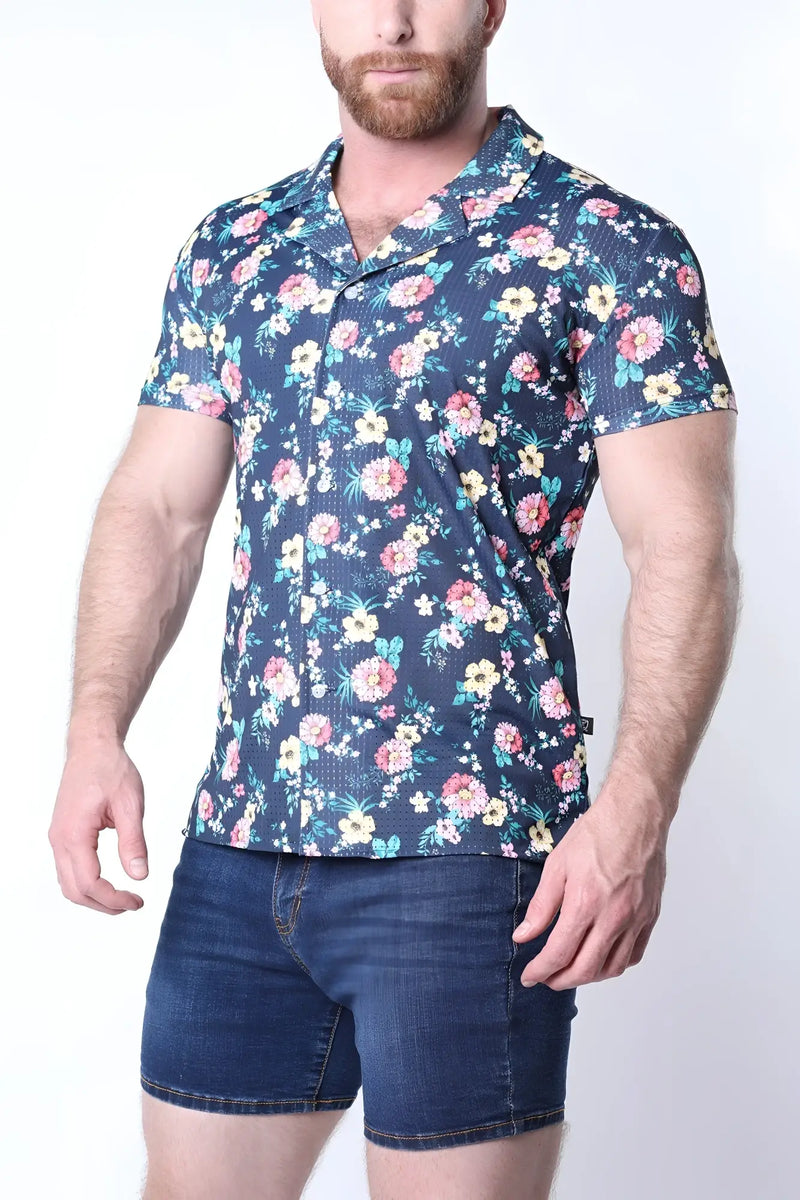 Balboa button down shirt men’s navy blue short sleeve button up shirt with vibrant pink white and light green floral pattern
