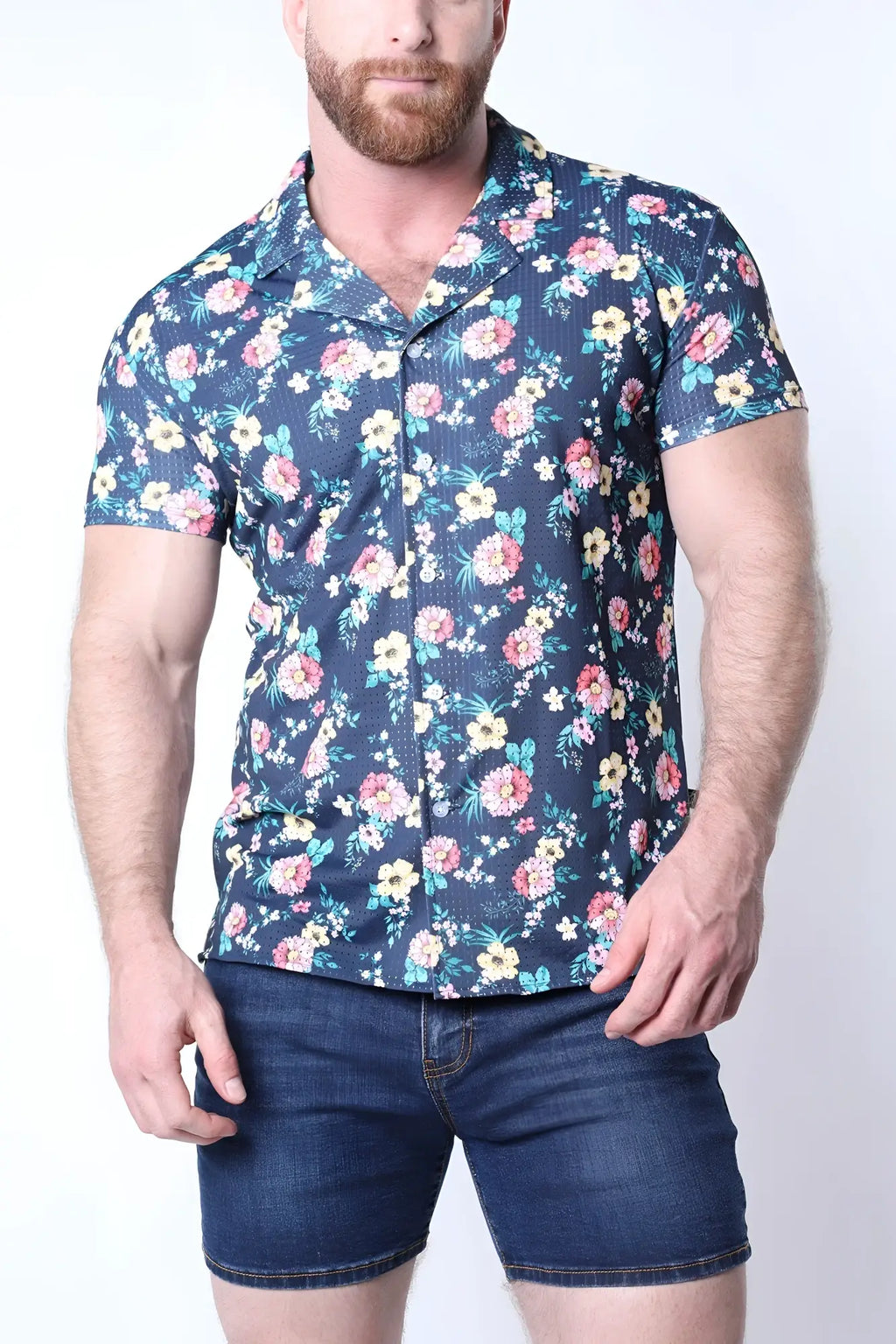 Navy blue balboa button down shirt with vibrant pink white and light green floral pattern short sleeves