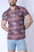 Balboa button down shirt with short sleeves features vibrant purple pink and teal circular mandala patterns