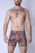 Balboa hybrid swim short men’s patterned swim trunks with vibrant purple pink green and brown mandala design