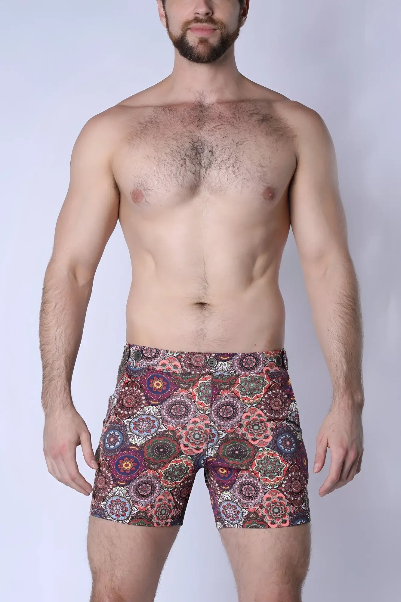Balboa hybrid swim short men’s patterned swim trunks with vibrant purple pink green and brown mandala design
