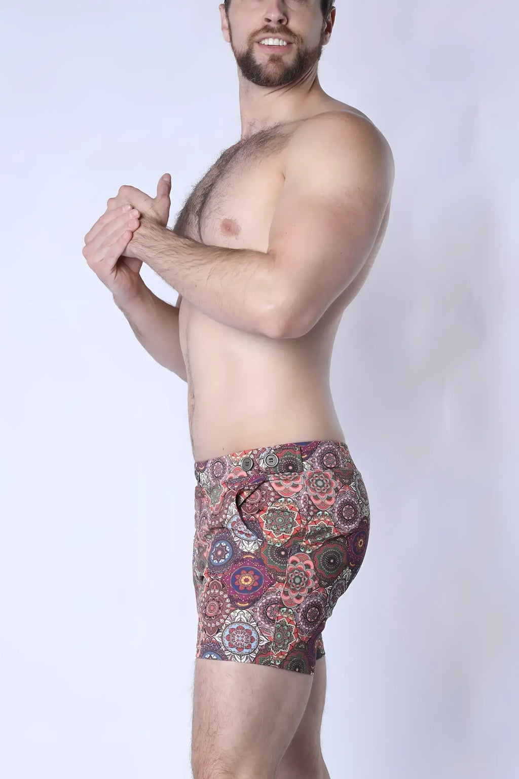 Balboa hybrid swim short patterned boxer briefs with intricate mandala designs in red purple and green